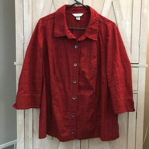 CJ Banks 2x Jacket Top ~ 3/4 Length Sleeves ~ Button Front ~ Front Pockets - Red